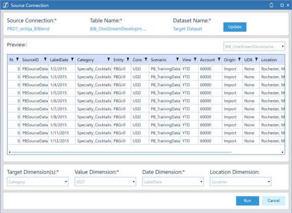 After specifying tables, preview table data in the Source Connection dialog box.