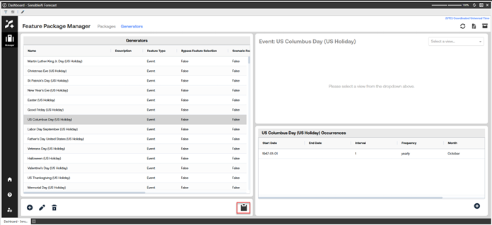 OneStream SensibleAI Forecast Feature Package Manager Generators tab showing US Columbus Day selected, with a table of event generators on the left and occurrence details including start date, frequency, and month displayed on the right.