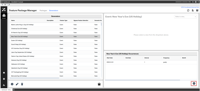 OneStream SensibleAI Forecast Feature Package Manager Generators tab showing New Year’s Eve selected, with a table of event generators on the left and occurrence details including start date, frequency, and month displayed on the right.