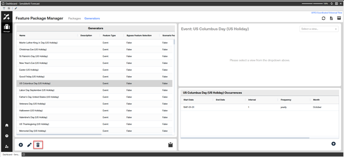 OneStream SensibleAI Forecast Feature Package Manager Generators tab showing US Columbus Day selected, with a table of event generators on the left and occurrence details including start date, frequency, and month displayed on the right.