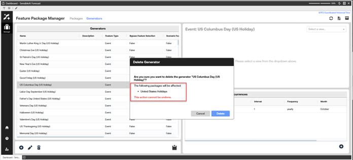OneStream SensibleAI Forecast Feature Package Manager Generators tab showing a delete confirmation dialog for the US Columbus Day generator, indicating affected packages and warning that the action cannot be undone, with Cancel and Delete buttons.