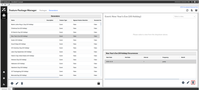 OneStream SensibleAI Forecast Feature Package Manager Generators tab showing New Year’s Eve selected, with a table of event generators on the left and occurrence details including start date, frequency, and month displayed on the right.