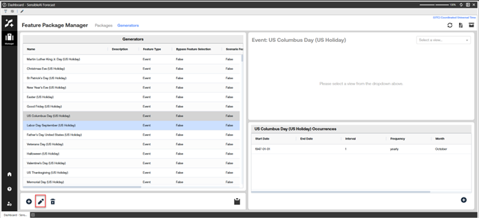 OneStream SensibleAI Forecast Feature Package Manager Generators tab showing US Columbus Day selected, with a table of event generators on the left and occurrence details including start date, frequency, and month displayed on the right.