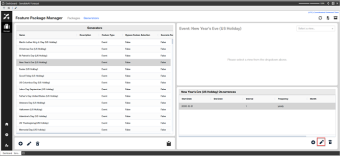 OneStream SensibleAI Forecast Feature Package Manager Generators tab showing New Year’s Eve selected, with a table of event generators on the left and occurrence details including start date, frequency, and month displayed on the right/