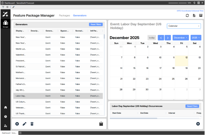 OneStream SensibleAI Forecast Feature Package Manager screen showing the China Holidays package with a calendar view selected from a dropdown, displaying a calendar with listed and a table of occurrences below.
