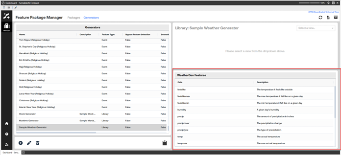 OneStream SensibleAI Forecast Feature Package Manager screen showing the Weather generator, displaying a table of features below.