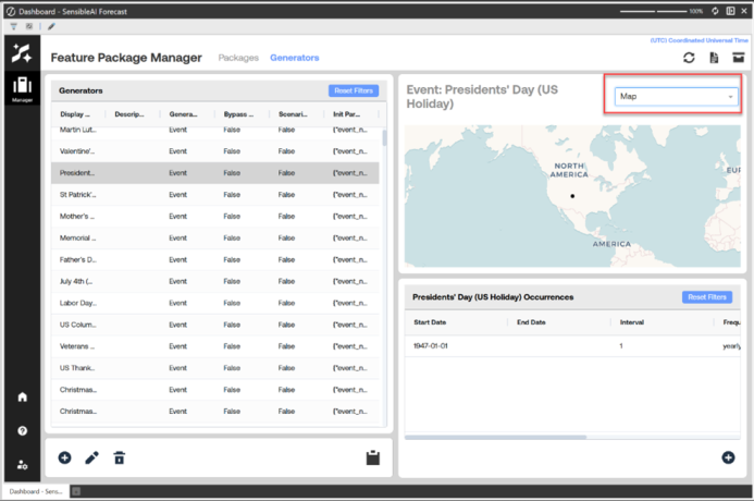 OneStream SensibleAI Forecast Feature Package Manager screen showing the President’s Day event with a map view selected from a dropdown, displaying a map of America and a table of occurrences below.