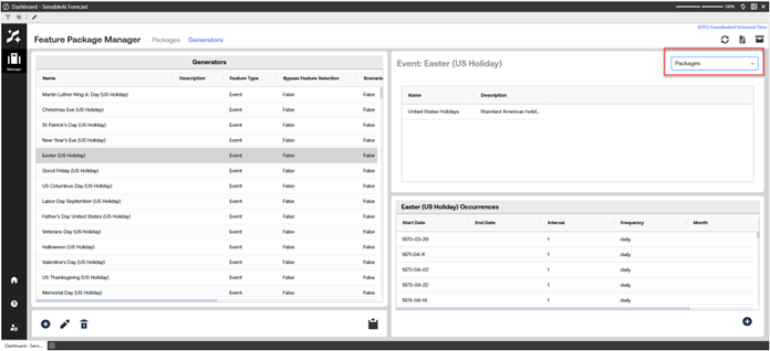 OneStream SensibleAI Forecast Feature Package Manager screen showing the China Holidays package with a packages view selected from a dropdown, displaying grid of packages.