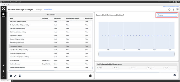OneStream SensibleAI Forecast Feature Package Manager screen showing the Holi event with a timeline view selected from a dropdown, displaying a timeline of occurrences and a table of occurrences below.