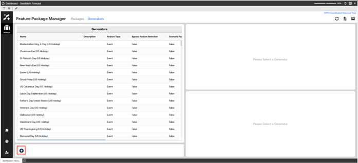OneStream SensibleAI Forecast Feature Package Manager Generators tab showing a list of event generators with empty detail panels on the right and an add button highlighted at the bottom left.