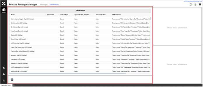 OneStream SensibleAI Forecast Feature Package Manager Generators tab showing a table of event generators with columns for description, feature type, feature selection settings, scenario features, and initialization parameters.