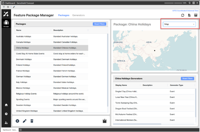 OneStream SensibleAI Forecast Feature Package Manager screen showing the China Holidays package with a map view selected from a dropdown, displaying a map of China and a table of holiday generators below.
