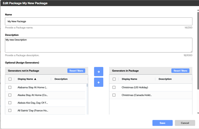 Edit Package dialog for “My New Package” showing fields for name and description, along with lists of generators not in the package and generators in the package, with controls to move items between lists and Save and Cancel buttons.