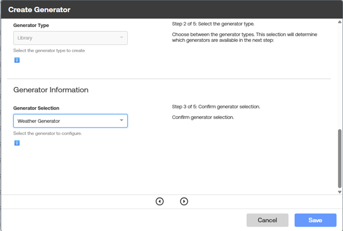 Create Generator dialog showing generator information with Weather Generator selected from a dropdown, along with step guidance for confirming the generator selection and Save and Cancel buttons.