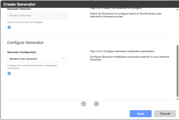 Create Generator dialog showing configuration step with Weather Data Generator selected, including options to configure initialization parameters and Save and Cancel buttons.