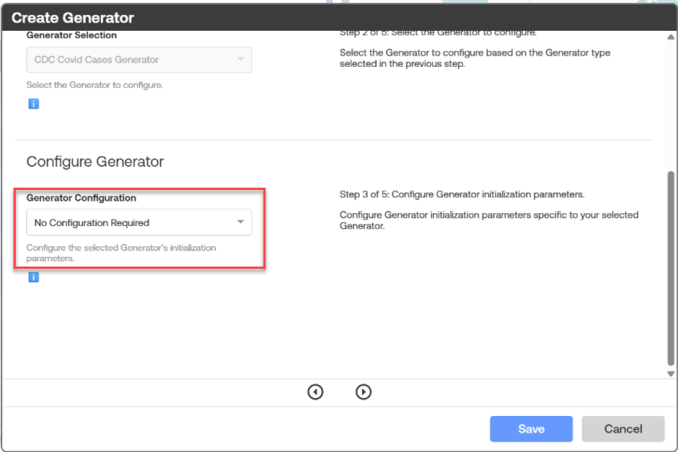 Create Generator dialog showing configuration step with Weather Data Generator selected, including options to configure initialization parameters and Save and Cancel buttons.