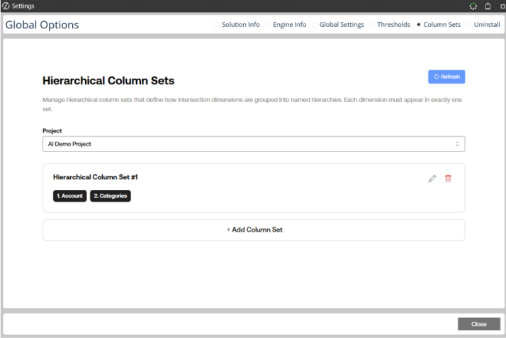 The Hierarchical Column Sets page displays with a project option and an Add Column Set button at the bottom of the page