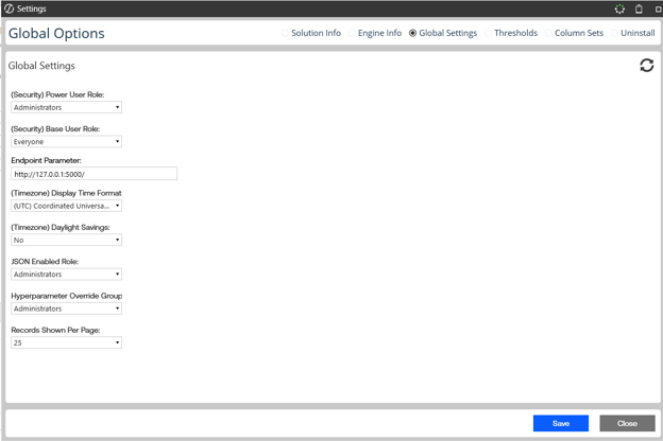 Settings window titled ‘Global Options’ showing form fields for user roles, endpoint parameters, and display settings, with Save and Close buttons at the bottom. 