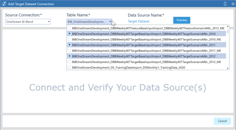 Select the data sources to use for targets in you model build project. The data source name defaults to Target Dataset.