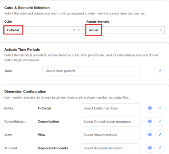 The Cube Datasource Manager web app displays with sections for Cube and Scenario Selection, Actuals Time Periods, and Dimension Configuration