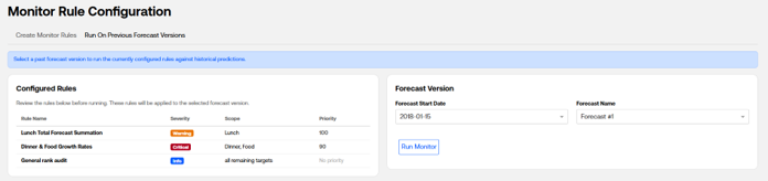 The Monitor Rule Configurationdisplays configured rules and forecast version