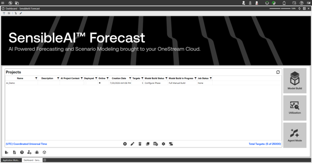 OneStream SensibleAI Forecast dashboard displaying a projects table with model build details and timestamps, alongside Model Build and Utilization options on the right.
