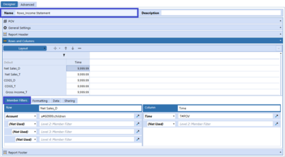 Blue rectangle box on the Name search bar with Rows Income Statement as the selection.