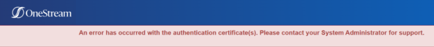 The global home page has a blue banner at the top with the OneStream logo. The error message has a pink background with red text.