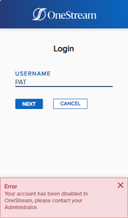 The Login dialog box has a blue banner at the top with the OneStream logo. The error message at the bottom of the dialog box has a pink background with red text.