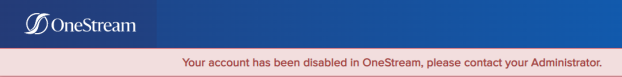 The global home page has a blue banner at the top with the OneStream logo. The error message has a pink background with red text.