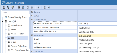 The System Security user configuration page has a grid with row headings that have a blue background with blue text and can be expanded to display fields with a white background and black text. Under the Authentication row heading, the External Authentication Provider drop-down menu is selected displaying the available options for this example.