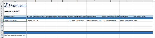 The Template file is a grid with a white background and heading rows with a blue background. 