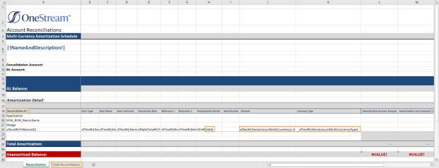 The MultiCurrencyMultiPeriod Template displays a grid with information about the reconciliation and detail items, including fields specific to multi-currency solutions. The following items are highlighted: Reconciliation ID column, Child Reconciliations tab, Wtk field, ItemAmountMultiCurrency field, and ItemAmountMultiCurrencyType field.