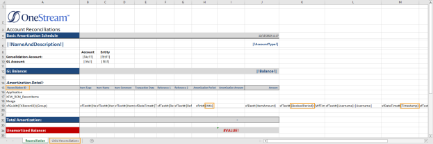 The MultiPeriod Template displays a grid with information about the reconciliation and detail items. The following items are highlighted: Reconciliation ID column, Child Reconciliations tab, Wtk field, BookedPeriod field, and TimeStamp field.