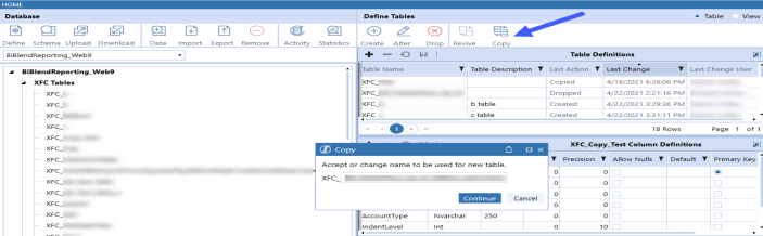 Database dropdown is a rectangle with a black down arrow. Define button is a gear icon, flat design style. Table name;  text is white if not selected, text is blue when selected.Copy icon is two pieces of paper with circle arrows, both are flat design style. Copy table name text is initially empty.  When completed, text shows. Continue button has white text on a blue rectangle.