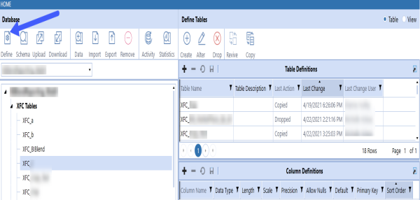 Database dropdown is a rectangle with a black down arrow. Define button is a gear icon, flat design style.Plus icon is an addition symbol, flat design style. Table name; not selected text is in a white grid, selected text is in a blue grid. Save icon; greyed out = unable to save, black = able to save, both are flat design style. Column definitions are a grid that shows different columns. Column definition icons; greyed out = unable to use, black = able to use, both are flat deisgn style.   