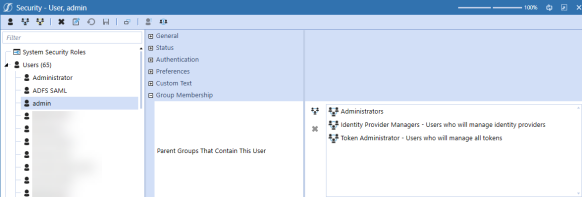 The Security user configuration page has a grid with row headings that have a blue background with blue text and can be expanded to display fields with a white background and black text. This example displays three groups in the Parent Groups that Contain This User field.