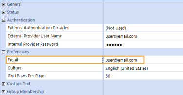 The System Security user configuration page has a grid with row headings that have a blue background with blue text and can be expanded to display fields with a white background and black text. Under the Preferences row heading, the Email field is highlighted.