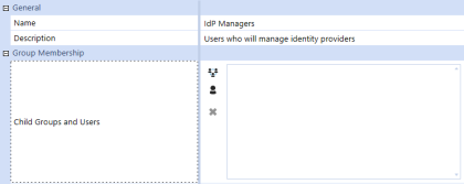 The Create Group page has a grid with row headings that have a blue background with blue text and can be expanded to display fields with a white background and black text. This example displays the Name, Description, and Child Groups and Users fields. The Name field has the example text: IdP Managers. The Description field has the example text: Users who will manage identity providers. 