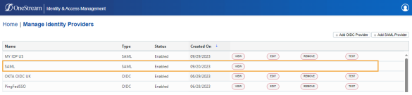 The Manage Identity Providers page has a grid with each identity provider listed in a separate row. Each row includes up to four buttons. Each button is a red oval with black text that is all capitalized for each of the four options: VIEW, EDIT, REMOVE, and TEST. A row for a SAML identity provider is highlighted with only one button: VIEW. It only has one button because the user is logged in with this identity provider.