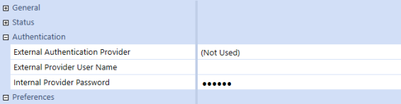 The System Security user configuration page has a grid with row headings that have a blue background with blue text and can be expanded to display fields with a white background and black text. Under the Authentication row heading, the External Authentication Provider field has (Not Used) selected, and the External Provider User Name field is blank.