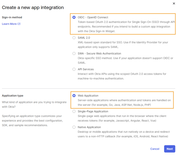 The Create a new app integration dialog box has sections listed to the left with a list of options to the right with radio buttons that can be selected or cleared. This example highlights the OIDC – OpenID Connect option for Sign-in method and Web Application for Application type.