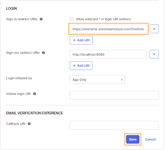 The LOGIN screen has sections listed to the left with a list of fields and options to the right with radio buttons that can be selected or cleared. This example highlights the Sign-in redirect URIs field and the Save button.