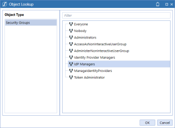 The Object Lookup dialog box displays the list of security groups. This example highlights the option IdP Managers.
