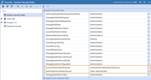 The System Security Roles page has a grid with row headings that have a blue background with blue text and can be expanded to display fields with a white background and black text. This example highlights the fields AccessAsNonInteractiveUser and AdministerNonInteractiveUser and the ellipsis next to each field.
