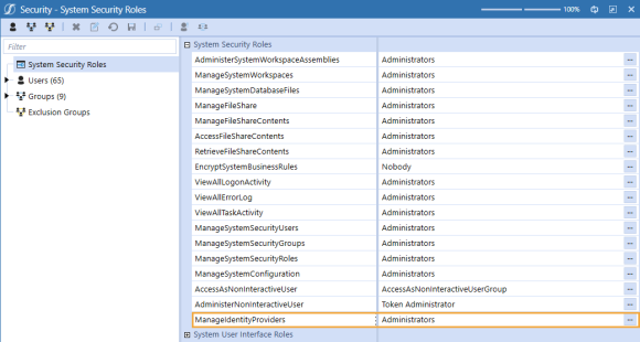 The System Security Roles page has a grid with row headings that have a blue background with blue text and can be expanded to display fields with a white background and black text. This example highlights the field ManageIdentityProviders and the ellipsis next to the field.