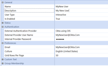 The System Security user configuration page has a grid with row headings that have a blue background with blue text and can be expanded to display fields with a white background and black text. Under the Authentication row heading, the External Authentication Provider field has Okta using OIS selected.