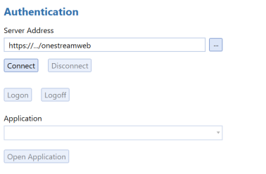 The Logon screen has a blue Authentication heading at the top with a server address below in a rectangular field. There are five buttons on the page, which are each a blue oval with black text. There is also an Application drop-down menu that is a rectangle with a black down arrow.