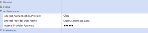 The System Security user configuration page has a grid with row headings that have a blue background with blue text and can be expanded to display fields with a white background and black text. Under the Authentication row heading, the External Authentication Provider field has Okta selected, and the External Provider User Name field has an Okta email address.