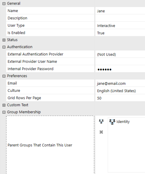 The System Security user configuration page has a grid with row headings that have a gray background with black text and can be expanded to display fields with a white background and black text.